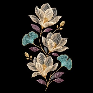 May include: A decorative wall art piece featuring three large, intricate gold-toned flowers with linear petal details. The arrangement includes two fan-shaped teal leaves and several smaller purple leaves on thin stems, all set against a black background.