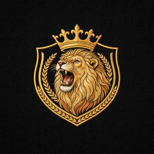 Puede incluir: Escudo dorado con la cabeza de un león rugiente, coronada y rodeada por una corona de laurel. Todo sobre un fondo negro. El diseño es detallado y evoca la realeza.