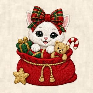 May include: An embroidered design of a white kitten with large eyes and a red and green plaid bow on its head, peeking out of a red gift sack. The sack contains a green gift box, a small tan teddy bear, and a red and white candy cane.