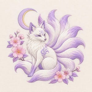 May include: An embroidery design featuring a white nine-tailed fox with purple-tipped fur and markings. The fox is surrounded by pink cherry blossoms and a golden crescent moon, all rendered with detailed stitching on a light cream fabric background.