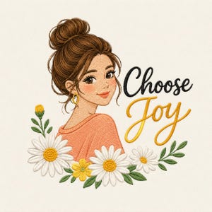 Puede incluir: Un diseño de bordado que muestra a una persona con cabello castaño en un moño, vistiendo una blusa color melocotón, rodeada de margaritas blancas y flores amarillas. El texto Choose Joy aparece en letras negras y amarillas junto a la cabeza.