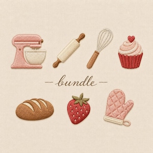 Könnte beinhalten: Ein Stickmuster-Set mit einer rosafarbenen Küchenmaschine, einem hölzernen Nudelholz, einem Schneebesen, einem Cupcake mit rotem Herz, einem Brotlaib, einer roten Erdbeere und einem rosafarbenen Ofenhandschuh, mittig steht das Wort bundle in Schreibschrift.