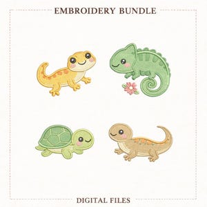 May include: An embroidery bundle featuring four cute reptile designs: a yellow gecko, a green chameleon with a pink flower, a green turtle, and a tan lizard. The text "EMBROIDERY BUNDLE" and "DIGITAL FILES" are at the top and bottom.