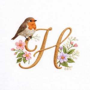 Può includere: Lettera "H" ricamata con filo dorato, ornata da un pettirosso e dettagli floreali. Fiori rosa e viola con foglie verdi circondano la lettera, creando un design decorativo e personalizzato su sfondo bianco.