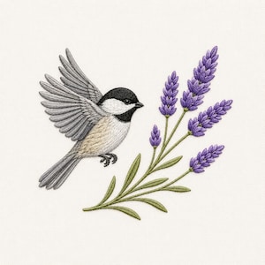 Chickadee Lavender Machine Embroidery Design Wildflower Bird Botanical Sweatshirt Shirt Hoop Pattern Gift