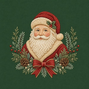 Puede incluir: Un retrato bordado de Santa Claus con un gorro rojo de borde blanco y una ramita de acebo. Tiene una barba blanca poblada y está enmarcado por ramas de pino verdes, piñas marrones, bayas rojas y un gran lazo rojo en la parte inferior.