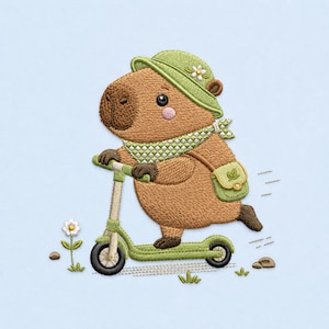 Op de afbeelding: Een geborduurde patch met een bruine capibara op een lichtgroene step. De capibara draagt een groene vissershoed met een witte bloem, een groen-wit geblokte sjaal en een kleine groene schoudertas. Er groeit een witte bloem in de buurt.