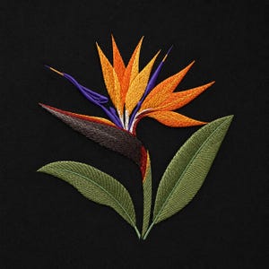 May include: Embroidered Bird of Paradise flower with orange, yellow, purple, and brown petals and green leaves, set against a black background. The detailed stitching creates a textured, three-dimensional effect, showcasing the flower's intricate design.