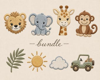 Safari-Tier-Stickpaket Löwe Elefant Giraffe Affe Dschungel-Sweatshirt-Shirt-Maschinenmuster