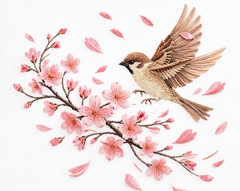Spatzenflug Sakura Stickdatei Pink Blüte Zweig Frühling Botanischer Maschinenstich Datei Download