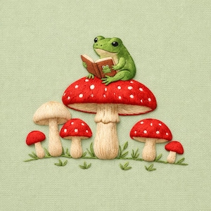 May include: Embroidered artwork showing a green frog reading a book on a red mushroom with white spots. Other mushrooms of different sizes and colours are arranged below on a light green background. The artwork is detailed and whimsical.
