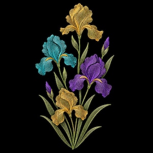 May include: An embroidered illustration of iris flowers featuring two gold, one teal, and one purple bloom with green stems and leaves. The design uses detailed line work to create texture on the petals and foliage against a solid black background.