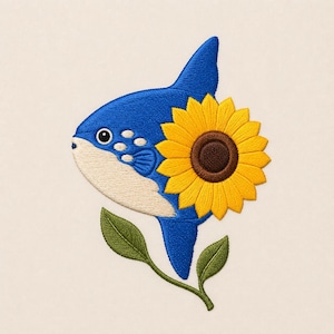 May include: An embroidered patch featuring a blue and cream-colored sunfish with a large yellow sunflower overlapping its body. The design includes a green stem with two leaves extending from the bottom of the fish, all rendered in detailed thread.