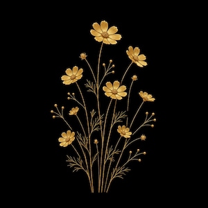 May include: A golden floral design against a black background. The image features a detailed illustration of cosmos flowers with delicate petals, stems, and buds. The artwork is rendered in a metallic gold color, creating a striking contrast against the dark backdrop.