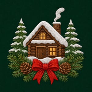 Puede incluir: Un diseño bordado sobre fondo verde oscuro que muestra una cabaña de madera marrón con nieve en el tejado y la chimenea, flanqueada por dos pinos nevados. Un lazo rojo brillante se sitúa bajo la cabaña, acentuado por agujas de pino verdes y piñas marrones.