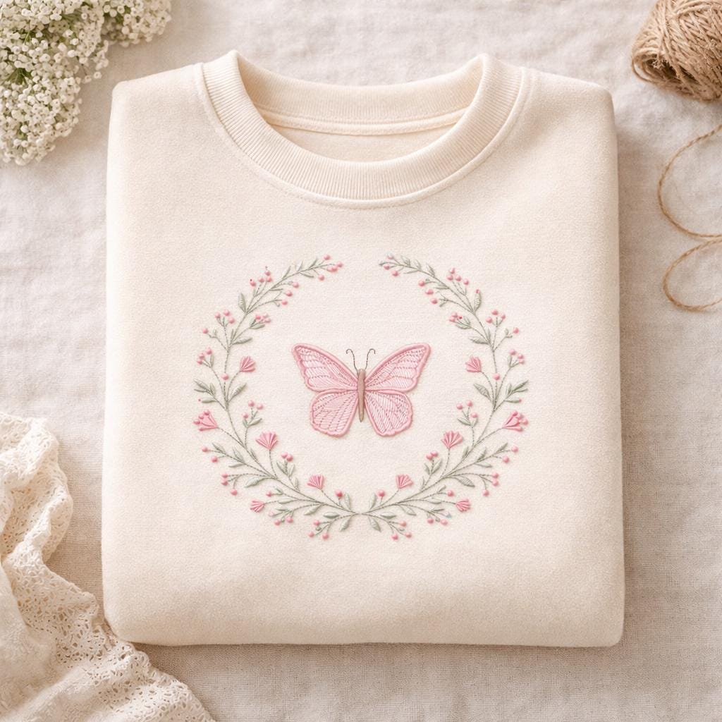 Butterfly Floral Wreath Embroidery Design Pink Botanical Machine ...