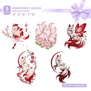 Pacote de Bordados Kitsune Fox - Arquivos de Bordado para Máquina de Costura Floral Mítica Japonesa - Download do Conjunto