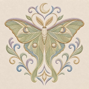 May include: An embroidery design featuring a central luna moth in shades of sage green, cream, and gold. Above the moth is a crescent moon, and below are symmetrical floral scrolls in lavender, blue, and gold, all set against a cream fabric.