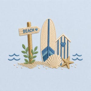 May include: An embroidery design on a light blue background featuring a wooden signpost with the text BEACH and a heart, a surfboard, a striped beach hut with a heart, a seashell, a starfish, green foliage, and blue wave icons.