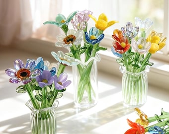 Handmade Glass Flower Bouquet: Mini Glass Flower Figurine, Tabletop Decor Gifts, Office Desk Glass Crafts, Home Decoration Gift