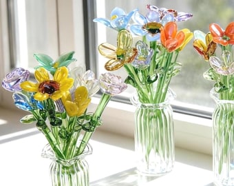 Glass Flower Bouquet - Mini Flower Figurine, Glass Artwork Table Centerpiece, Birth Flower Sculpture, Home Decor Gift for Mom & Friends
