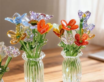 Glass Flower Bouquet, Handmade Glass Birth Flowers, Glass Artwork Table Centerpiece,Birth Flower Sculpture,Home Decor Gift for Mom & Friends