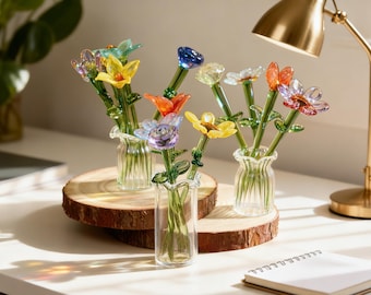 Glasblumenstrauß, Mini-Blumenfigur, Glaskunst-Tischdekoration, Geburtsblumenskulptur, Wohnkultur Geschenk für Mutter und Freunde