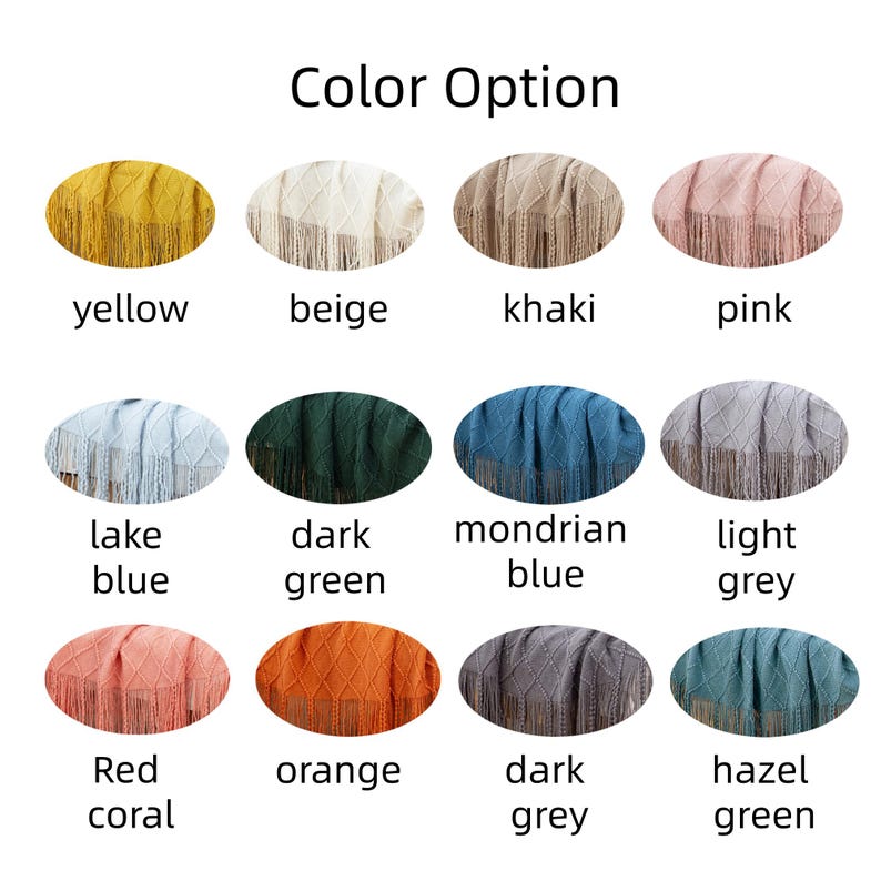 May include: A color chart displaying various throw blanket options. The blankets are shown in a variety of colors, including yellow, beige, khaki, pink, lake blue, dark green, mondrian blue, light grey, red coral, orange, dark grey, and hazel green.