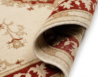 Hand Knotted Oushak Rug, Red & Beige Wool Area Rug, Vintage Turkish Style Rug, Floral Medallion Carpet, Handmade Traditional Living Room Rug