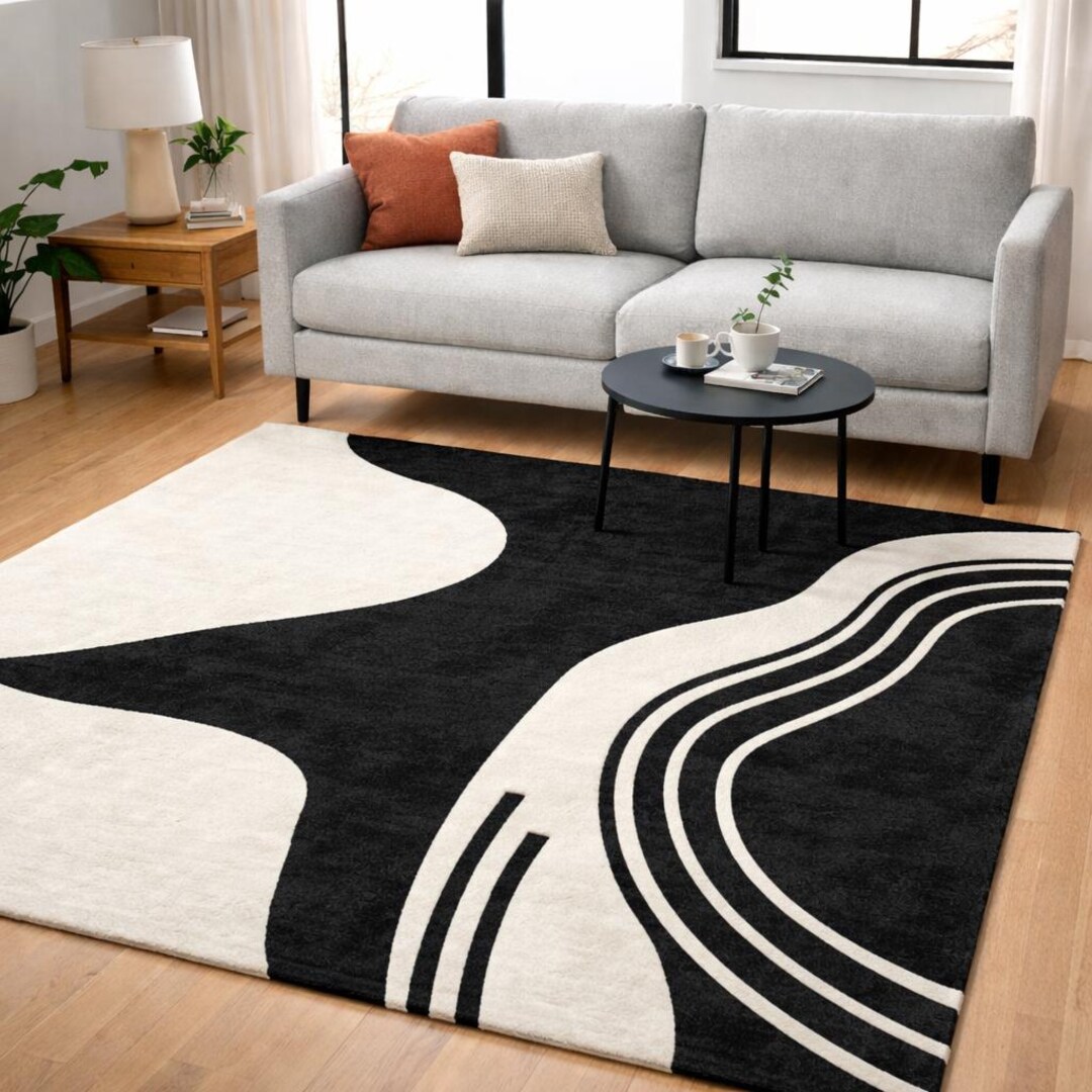 White Abstract Pattern Area Rug Modern Abstract Black White Area Rug, Handmade Wool Carpet, Minimalist ...