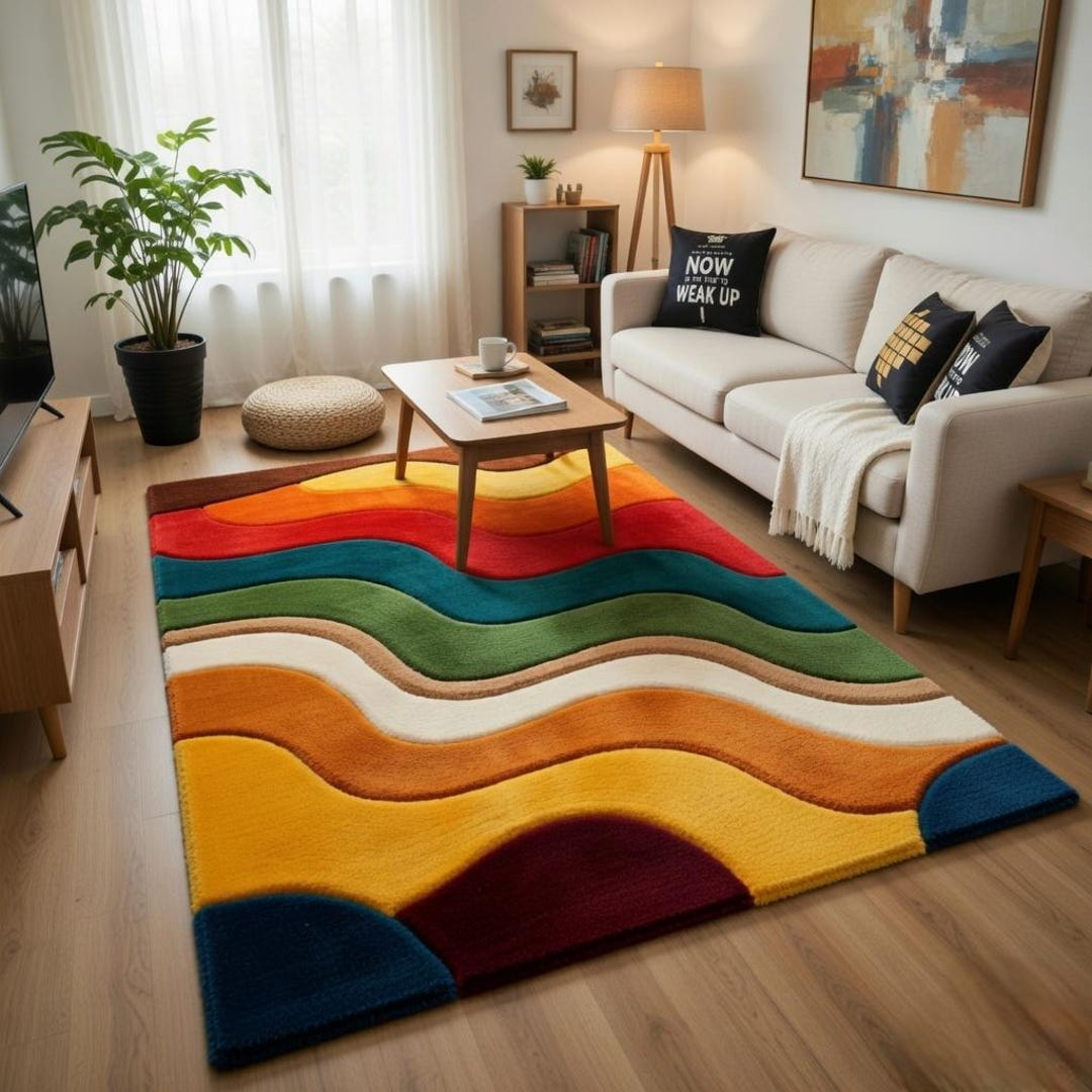 Colorful Rugs Above Abstract Colorful Rug, Modern Tufted Area Rug, Rainbow Wave Carpet ...