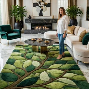 Alfombra moderna abstracta de lana tejida a mano, alfombra ondulada orgánica verde, alfombra contemporánea hecha a mano para sala de estar, tamaño personalizado disponible.