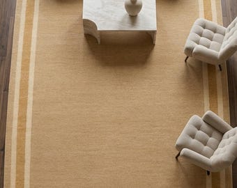 Hand Knotted Solid Beige Rug, Neutral Wool Area Rug, Minimalist Border Rug, Modern Oushak Inspired Carpet, Custom Size Living Room Rug