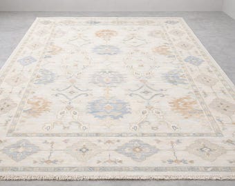 Handgeknüpfter Oushak Teppich, Beige Blauer Türkischer Oushak Teppich, Vintage Wollteppich, Handgeknüpfter Teppich für Wohnzimmer