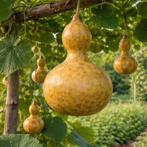 Puede incluir: Varias calabazas maduras, de color amarillo-marrón, cuelgan de un enrejado de madera, rodeadas de follaje verde. Las calabazas varían en tamaño y forma, con una grande y prominente en el centro. La escena se desarrolla al aire libre, con un fondo borroso de vegetación.
