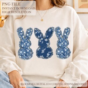 Floral Denim Bunny Clipart, Frayed Edge Patch Design (Digital Download)