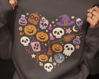 Halloween Heart Clipart PNG: Spooky Skull, Pumpkin, Witch (Digital Download)