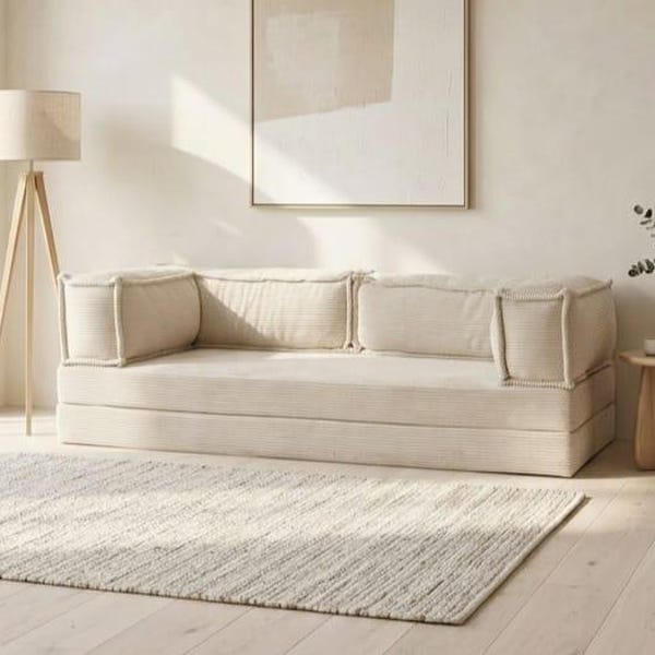 Modern hopfällbar futonsoffa, minimalistisk japansk golvsoffa, sittplatser för små utrymmen