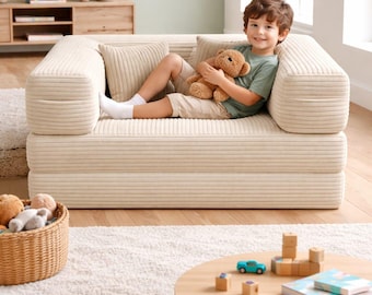 Kids Play Couch, Modular Play Sofa, Toddler Floor Bed, Foldable Kids Sofa, Soft Velvet Play Mat, Playroom Furniture
