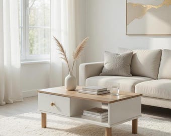 Mesa de centro retangular com prateleira, mesa de arrumação moderna, mesa minimalista para sala de estar, tampo em MDF, pés em madeira, mobiliário para espaços pequenos