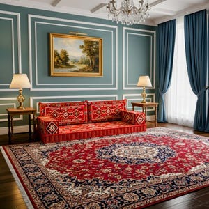 Peut inclure: Salon avec un tapis rouge à motifs et un canapé rouge assorti avec des coussins décoratifs. La pièce a des murs turquoise, une peinture de paysage et des rideaux bleus. Deux lampes et un lustre éclairent.