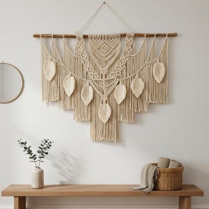 Könnte beinhalten: Ein beigefarbener Makramee-Wandbehang mit Blättern wird über einer Holzbank ausgestellt. Die Wanddekoration weist ein geometrisches Design und Fransen auf. Ein runder Spiegel und eine Vase mit Grün sind ebenfalls zu sehen.