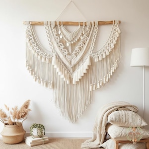 Op de afbeelding: Een grote, crèmekleurige macramé wandhanger met een houten stok. Het ingewikkelde ontwerp bevat geometrische patronen, kwasten en decoratieve elementen. Deze wanddecoratie in bohemien stijl voegt textuur en warmte toe.