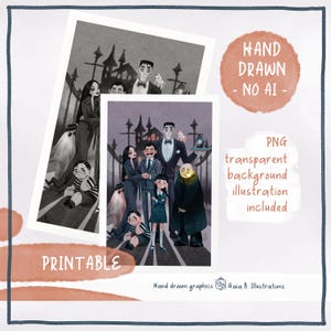 Può includere: Illustrazione stampabile di un ritratto di famiglia in stile gotico. L'illustrazione include il testo "HAND DRAWN - NO AI" e "PRINTABLE". L'opera d'arte è in scala di grigi e include un'illustrazione con sfondo trasparente.