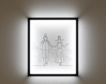 Lámina con dibujo lineal de una familia: padre, hijo, madre e hija en la playa. Ilustración familiar de una sola línea. Lámina imprimible de arte lineal minimalista.