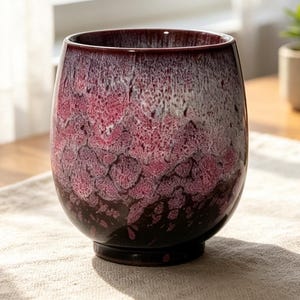 May include: A ceramic tumbler with a unique glaze in shades of burgundy, pink, and white. The cup has a rounded shape and sits on a small base. It is placed on a beige linen napkin on a wooden table, with a window in the background.