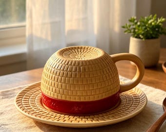 Juego de taza y platillo de cerámica con diseño de sombrero 3D de la Hermandad Pirata / Taza de aventura inspirada en el anime / Taza de viajero marino esculpida a mano / Regalo de manga original