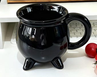 Taza Caldero de Bruja Malvada – Taza de pociones gótica negra, taza de café de cerámica con tres patas, regalo Wicca