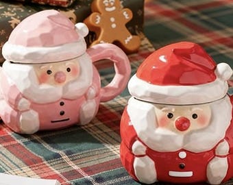 Taza de Papá Noel con tapa, linda taza navideña de Papá Noel, taza para chocolate caliente, regalo navideño para él o ella, taza de café festiva de invierno // Tazas para parejas