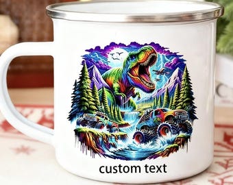 Taza de dinosaurio personalizada con nombre – Taza de camping T-Rex para niños, Taza de dinosaurio personalizada, Regalo de cumpleaños para niños // Taza de dinosaurio jurásico // Regalos de Navidad